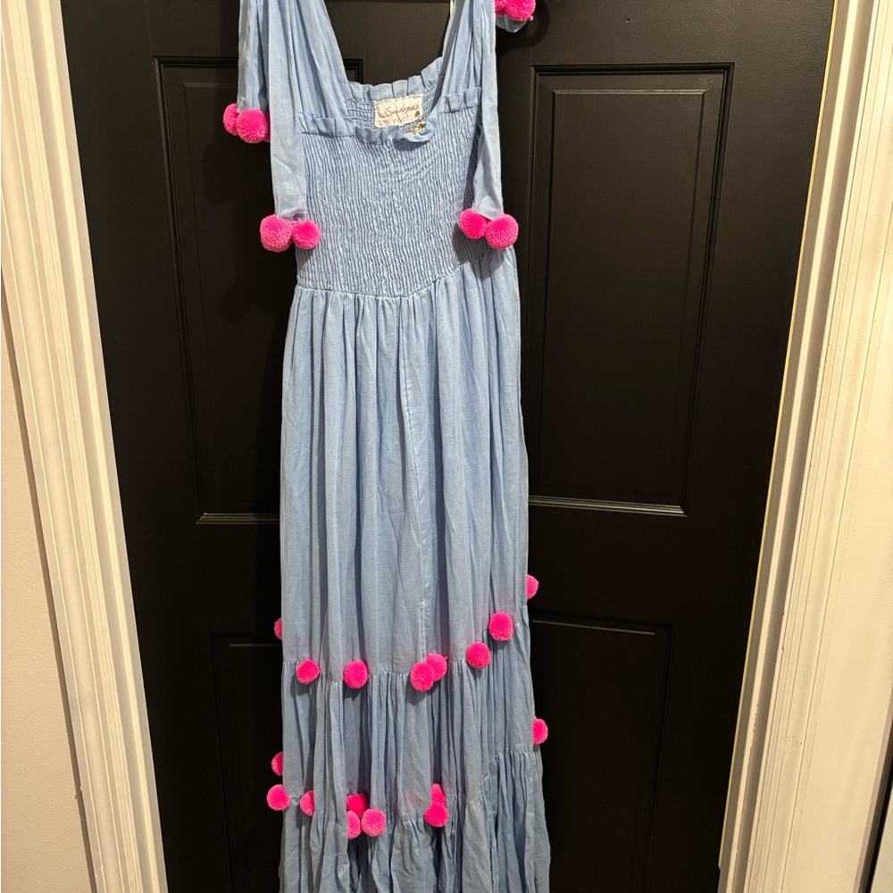 Blue Maxi Dress with Pink Pom Pom Accents - NWT